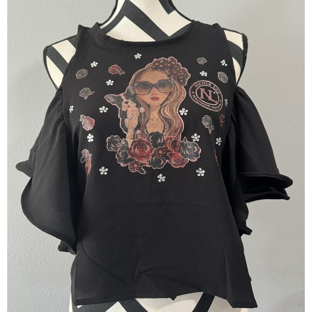 Nicole Lee Betty Girls Youth Off The Shoulder Top Shirt Size M Pug Dog NEW